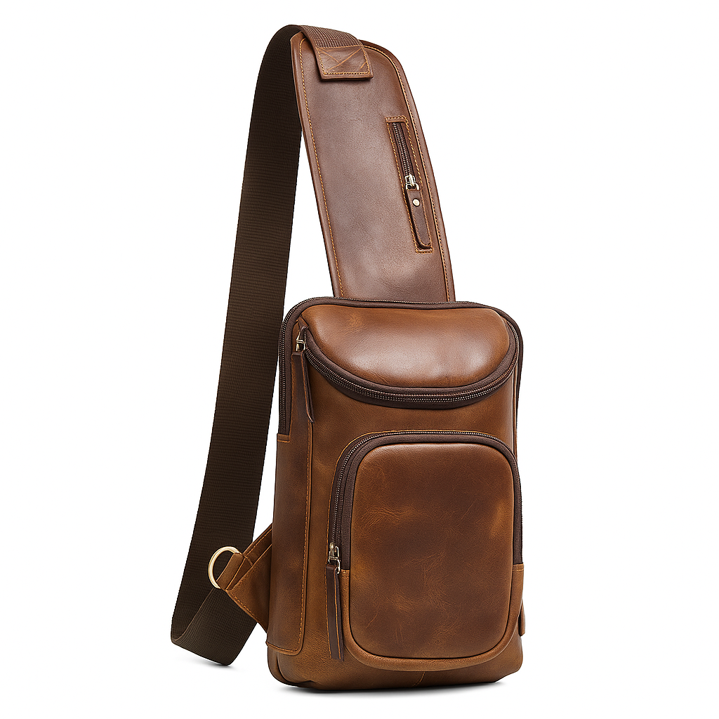 Full Grain Leather Chest Bag for Unisex – Coffee Brown Shoulder Sling Bag for Daily Commute & Travel
